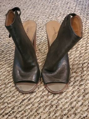 Lucky Brand Leather Peep-Toe Slingback Wedge Mules Dark Brown 7M/37